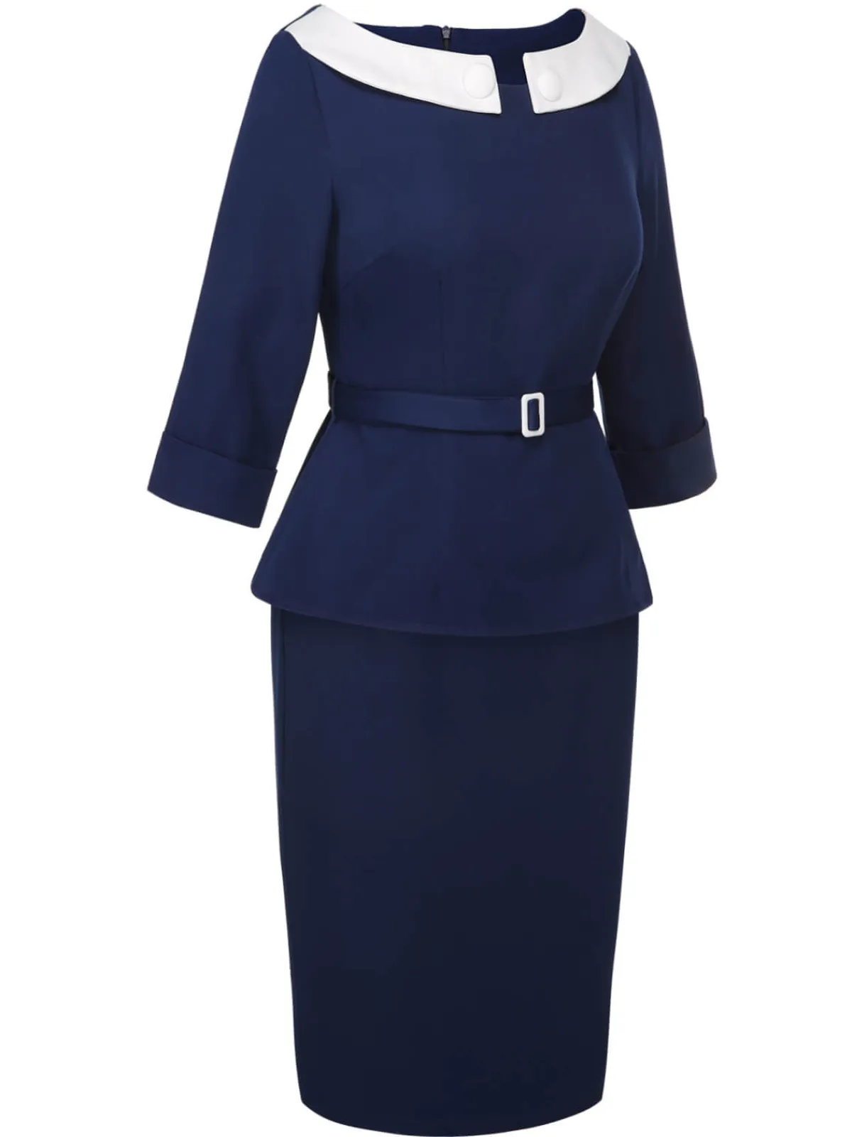 New Retro Stage 2PCS 1960s Belt Top & Back Split Pencil Skirt Blue