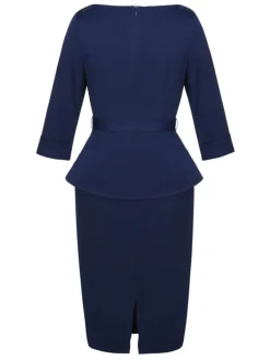 New Retro Stage 2PCS 1960s Belt Top & Back Split Pencil Skirt Blue