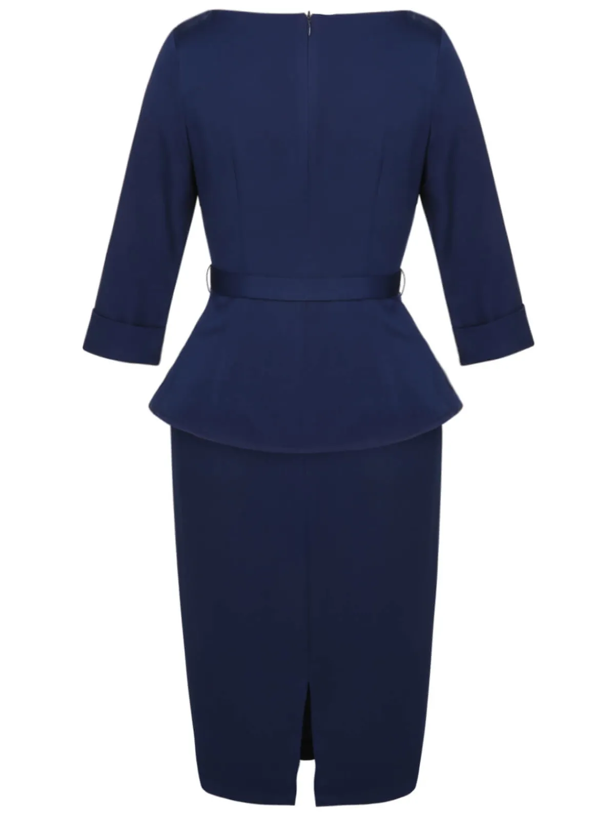 New Retro Stage 2PCS 1960s Belt Top & Back Split Pencil Skirt Blue