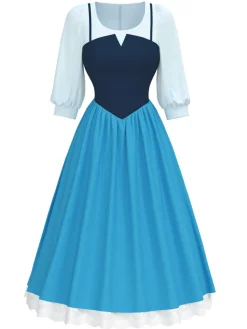Fashion Retro Stage 2PCS 1940s Blouse & Colorblock Suspender Dress Blue