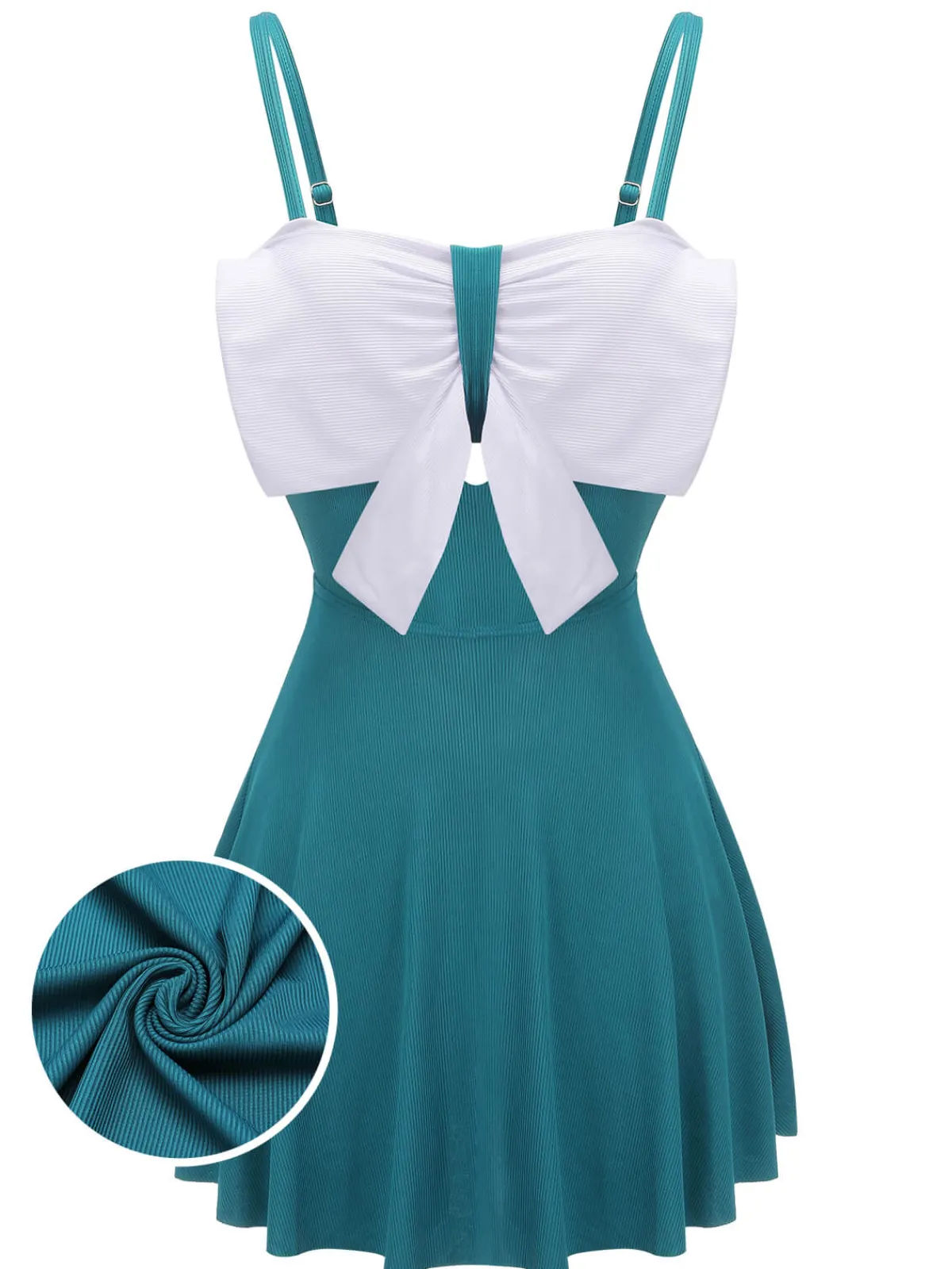 Online Retro Stage 2PCS 1930s Bow Strap Swimsuit & Skirt Blue