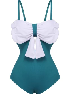 Online Retro Stage 2PCS 1930s Bow Strap Swimsuit & Skirt Blue