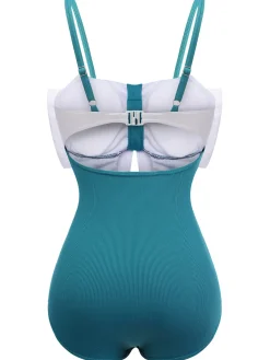 Online Retro Stage 2PCS 1930s Bow Strap Swimsuit & Skirt Blue