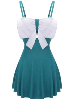 Online Retro Stage 2PCS 1930s Bow Strap Swimsuit & Skirt Blue