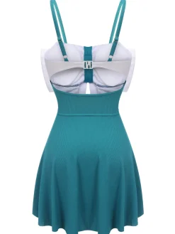 Online Retro Stage 2PCS 1930s Bow Strap Swimsuit & Skirt Blue