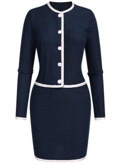 Best Retro Stage 2PCS Blue 1960s Contrast Short Coat & Pencil Skirt Dark Blue