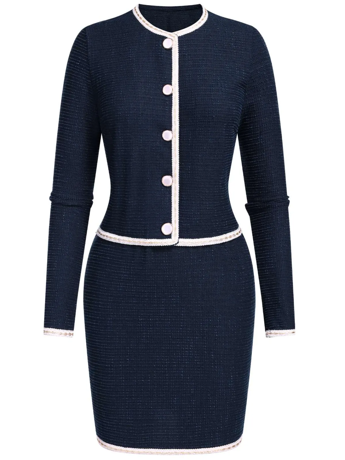 Best Retro Stage 2PCS Blue 1960s Contrast Short Coat & Pencil Skirt Dark Blue