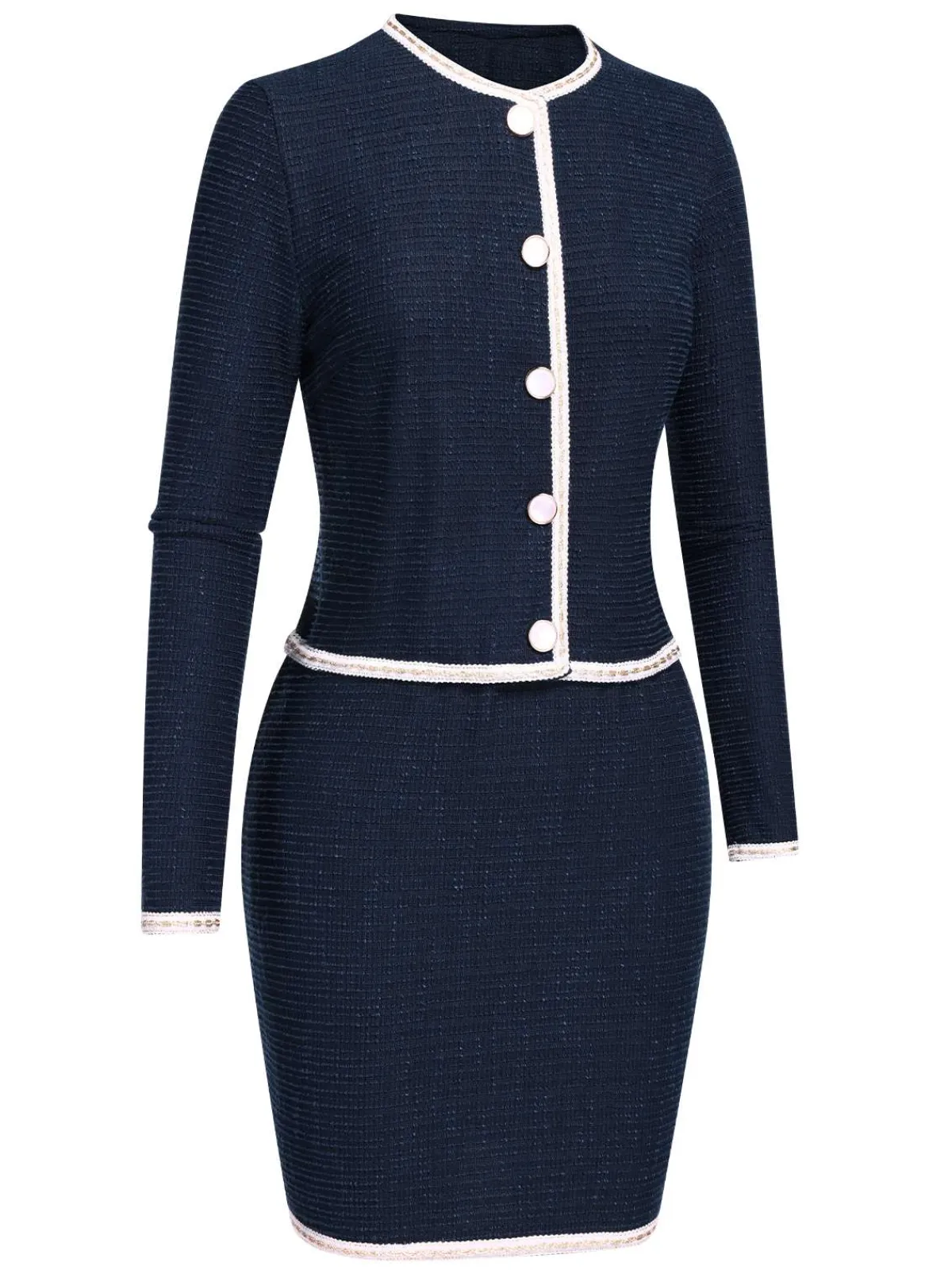 Best Retro Stage 2PCS Blue 1960s Contrast Short Coat & Pencil Skirt Dark Blue