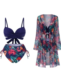 Clearance Retro Stage 2PCS Blue 1960s Floral Plant Print Bikini Sets & Cover-Up Dark Blue