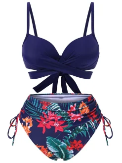 Clearance Retro Stage 2PCS Blue 1960s Floral Plant Print Bikini Sets & Cover-Up Dark Blue