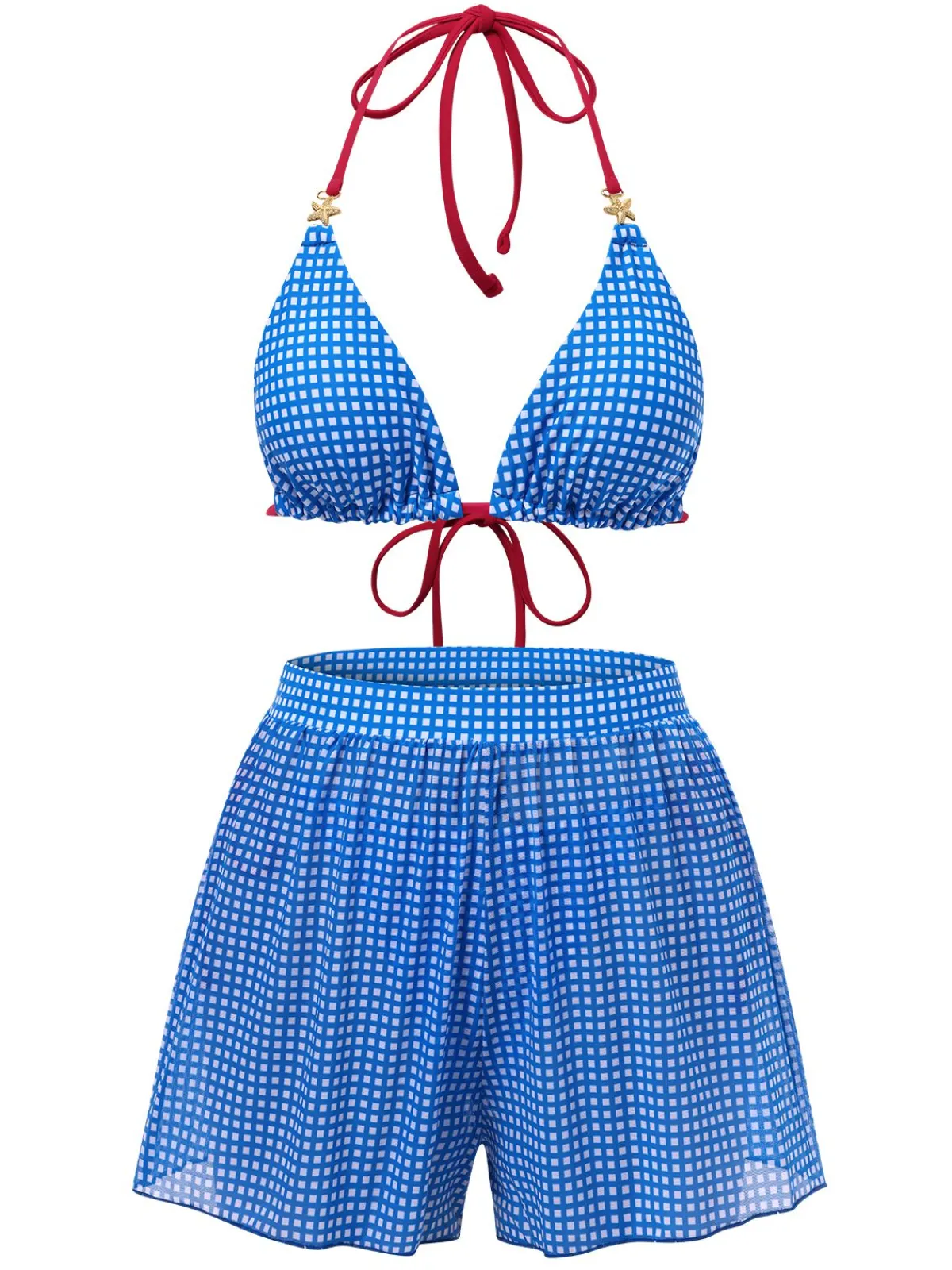 Online Retro Stage 2PCS 1950s Halter Plaid Alloy Star Bikini Set & Shorts Blue