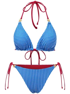 Online Retro Stage 2PCS 1950s Halter Plaid Alloy Star Bikini Set & Shorts Blue