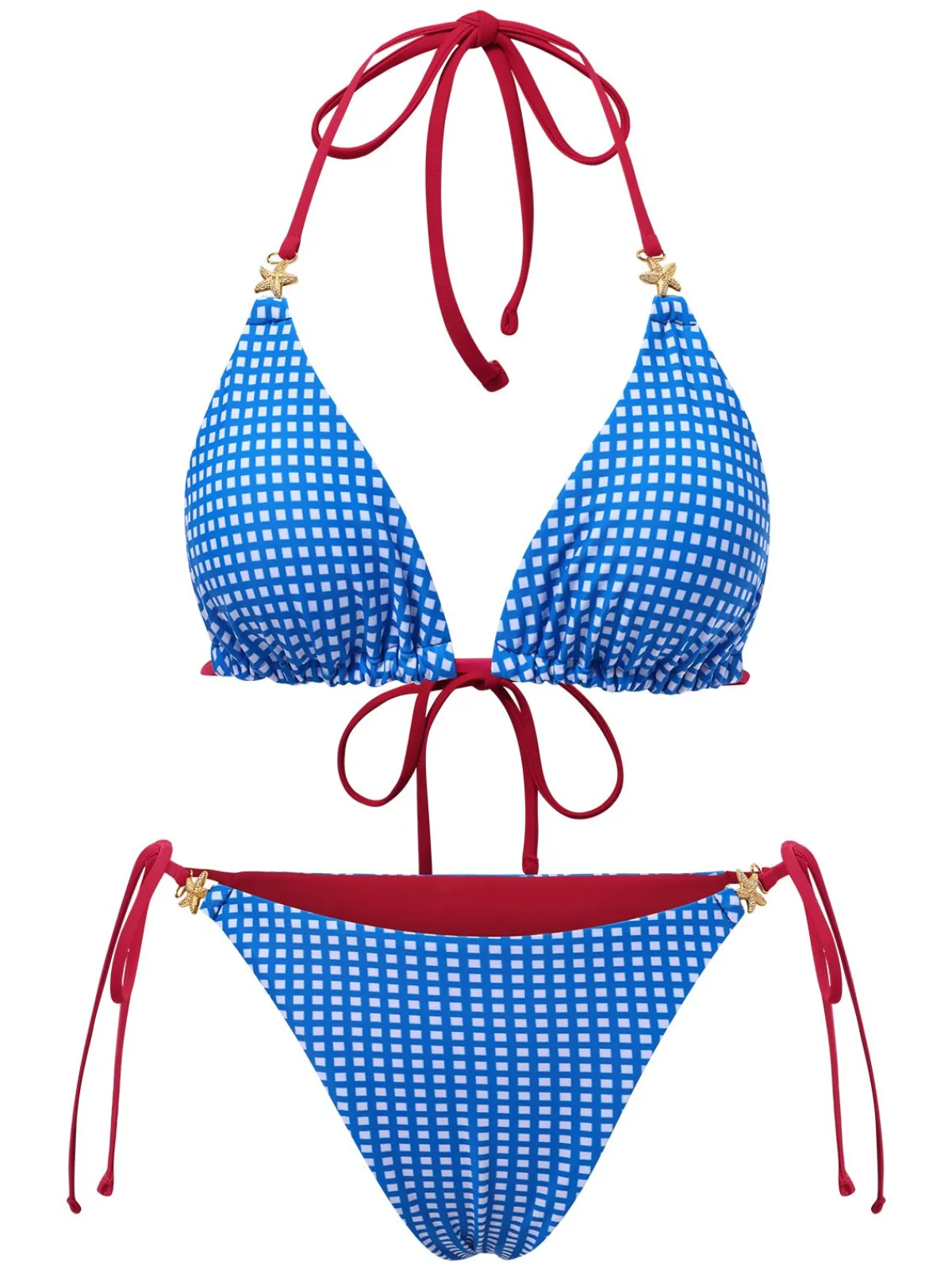 Online Retro Stage 2PCS 1950s Halter Plaid Alloy Star Bikini Set & Shorts Blue