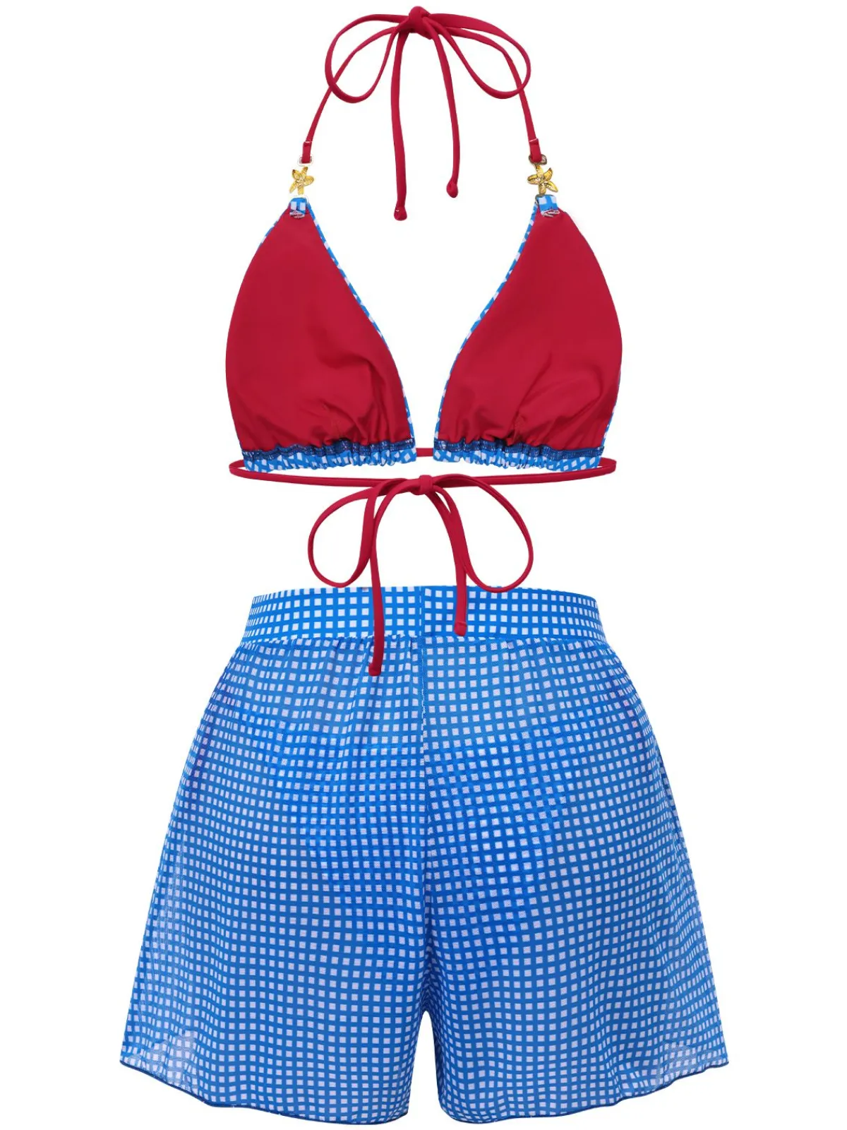 Online Retro Stage 2PCS 1950s Halter Plaid Alloy Star Bikini Set & Shorts Blue