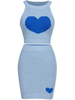 Fashion Retro Stage 2PCS 1960s Knitted Heart Cropped Top & Skirt Blue