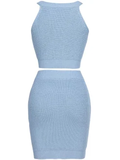 Fashion Retro Stage 2PCS 1960s Knitted Heart Cropped Top & Skirt Blue