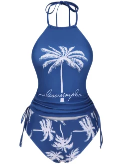 Discount Retro Stage 2PCS 1960s Knot Tropical Print Halter Swimsuit Blue