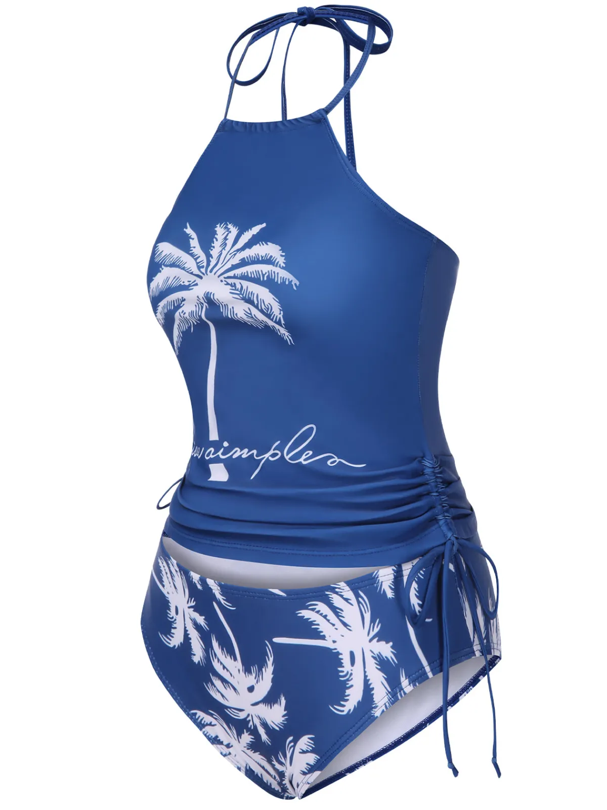 Discount Retro Stage 2PCS 1960s Knot Tropical Print Halter Swimsuit Blue
