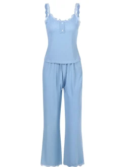 Sale Retro Stage 2PCS 1950s Lace Patchwork Sleepwear Blue