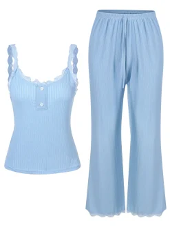 Sale Retro Stage 2PCS 1950s Lace Patchwork Sleepwear Blue