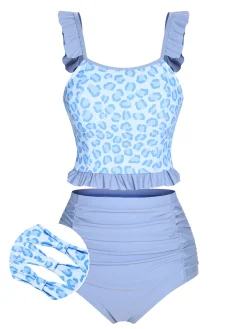Outlet Retro Stage 2PCS 1940s Leopard Patchwork Swimsuit Blue