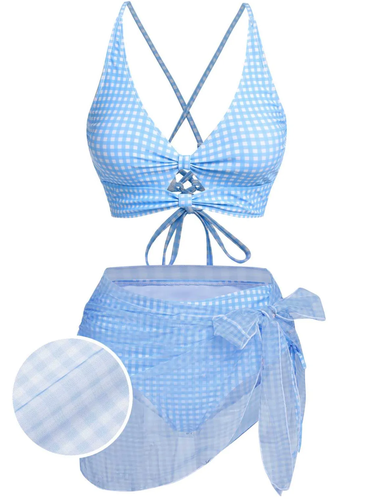 Hot Retro Stage 2PCS 1950s Plaids Swimsuit & Mesh Cover-Up Blue