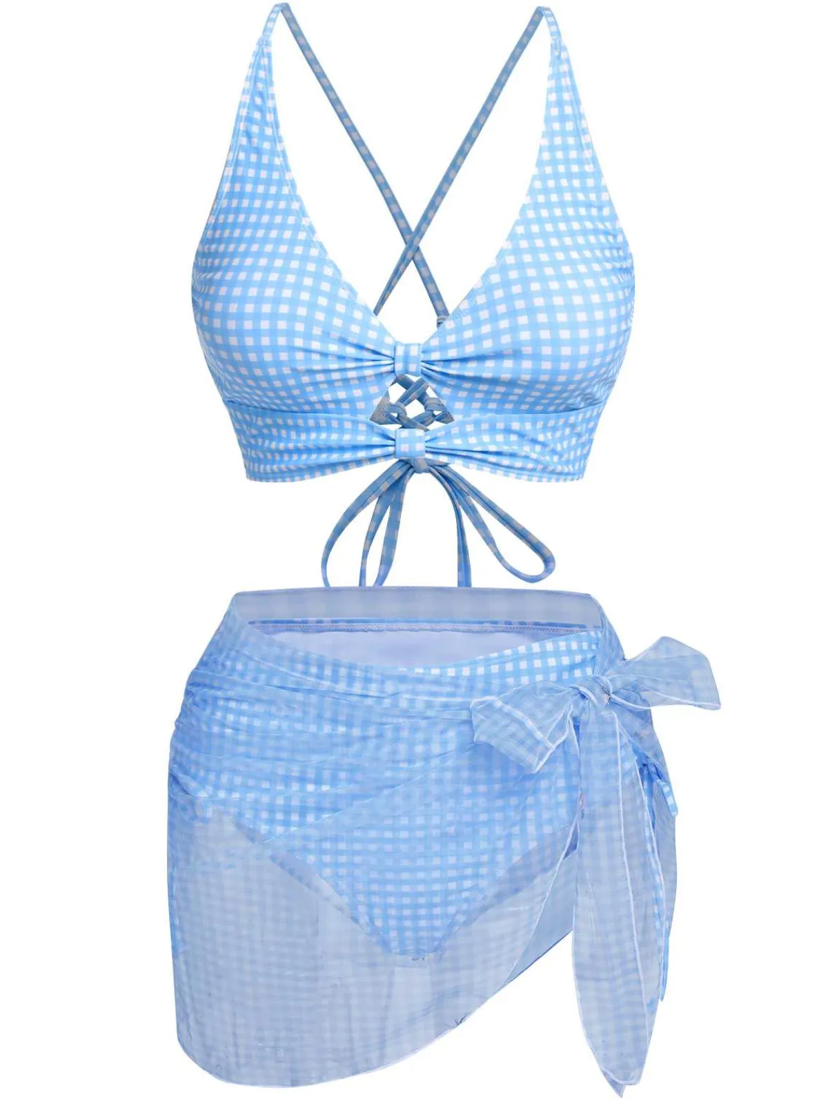 Hot Retro Stage 2PCS 1950s Plaids Swimsuit & Mesh Cover-Up Blue