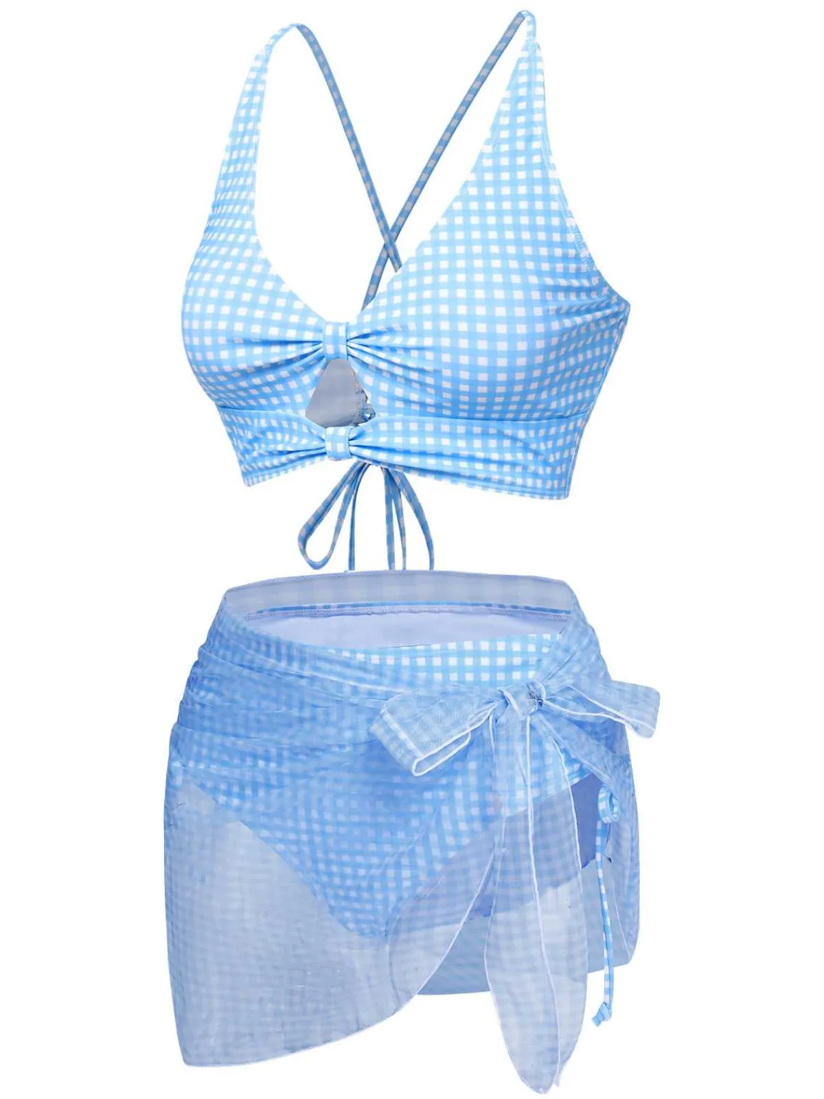 Hot Retro Stage 2PCS 1950s Plaids Swimsuit & Mesh Cover-Up Blue