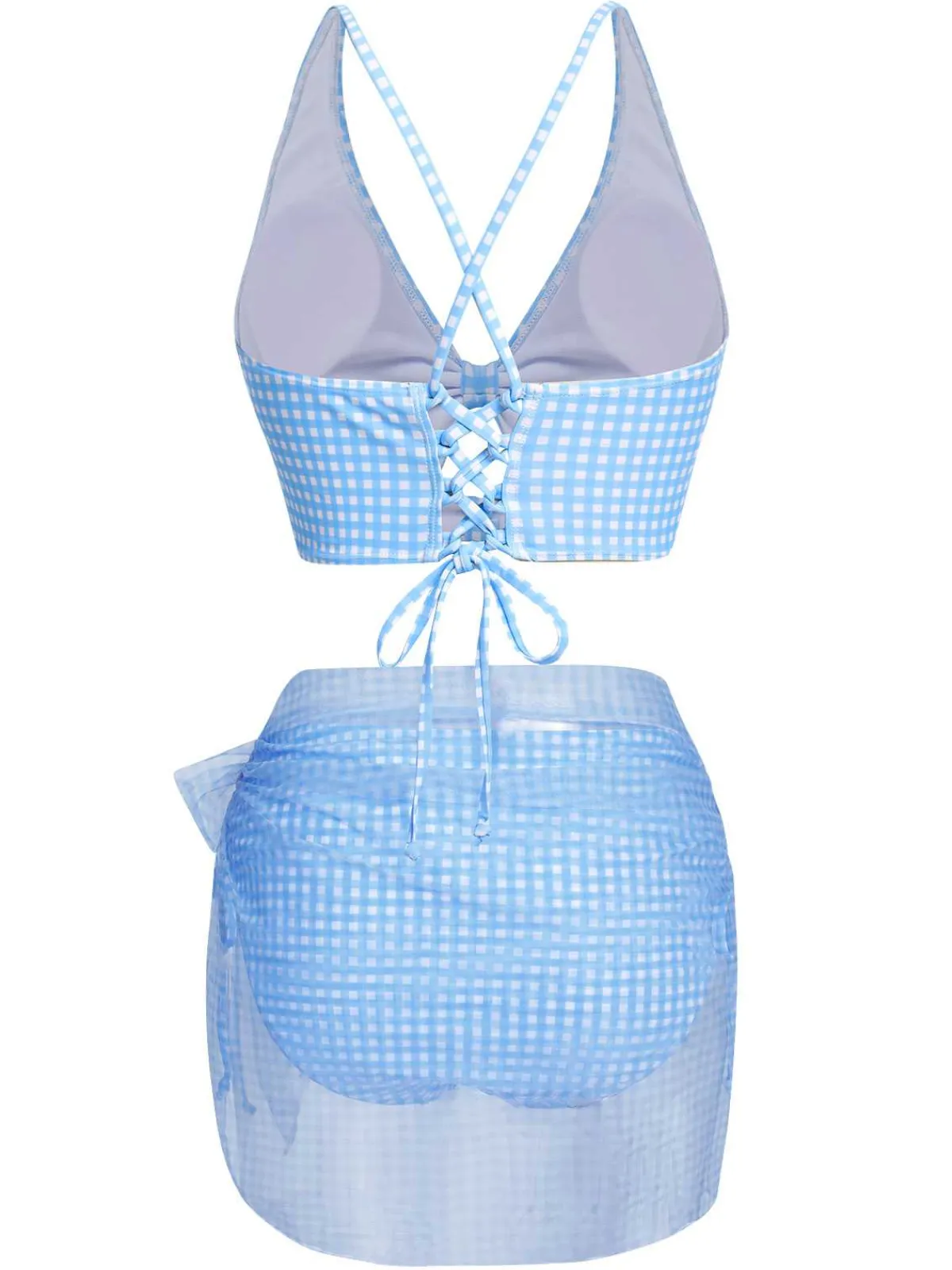 Hot Retro Stage 2PCS 1950s Plaids Swimsuit & Mesh Cover-Up Blue