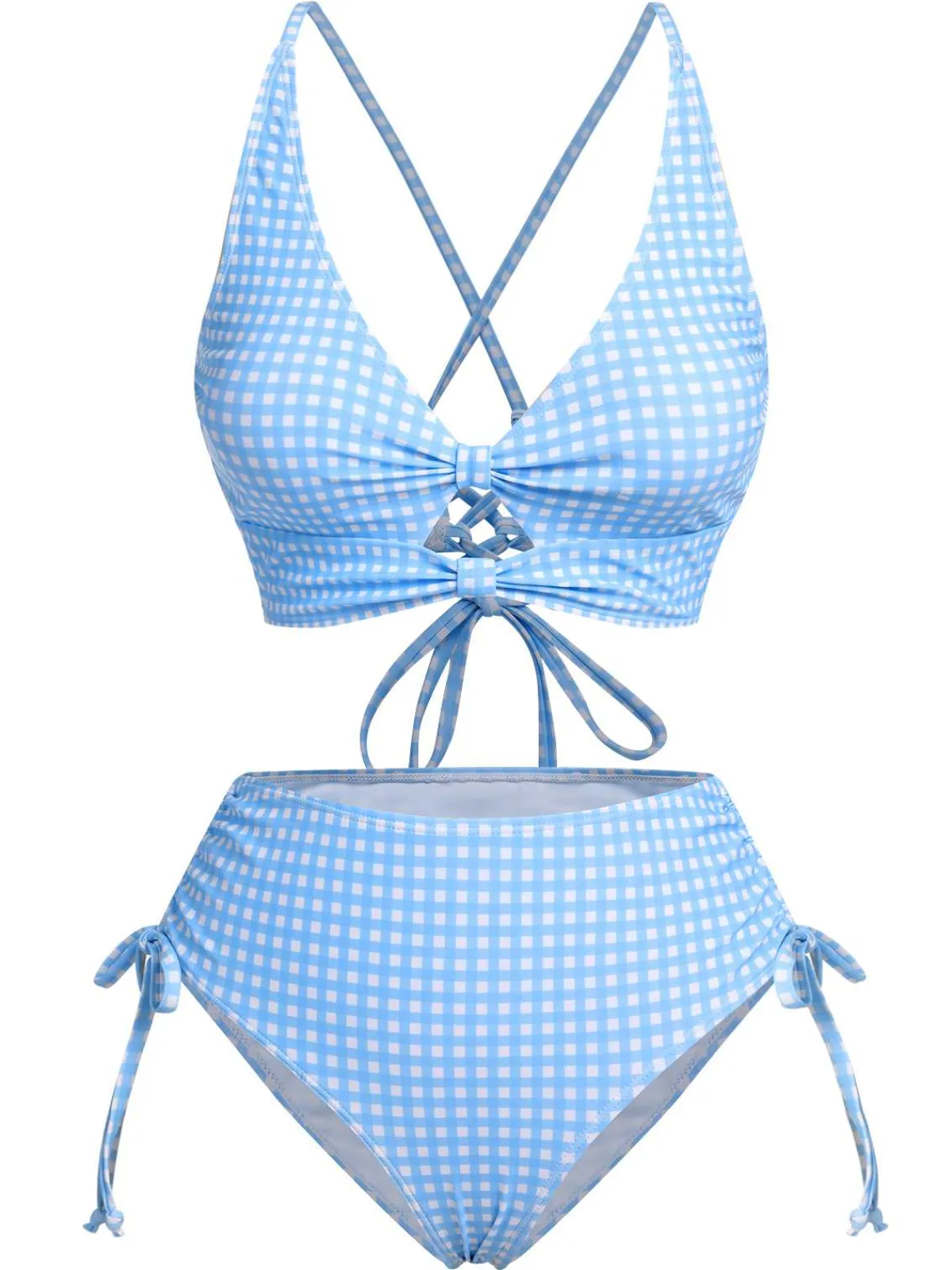 Hot Retro Stage 2PCS 1950s Plaids Swimsuit & Mesh Cover-Up Blue