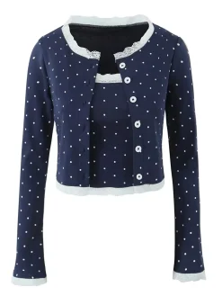 Hot Retro Stage 2PCS Blue 1950s Polka Dots Camisole & Cardigan Dark Blue