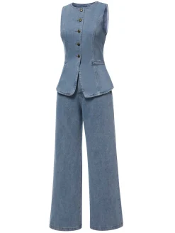 Outlet Retro Stage 2PCS 1940s Sleeveless Vest & Wide-Leg Denim Jeans Blue