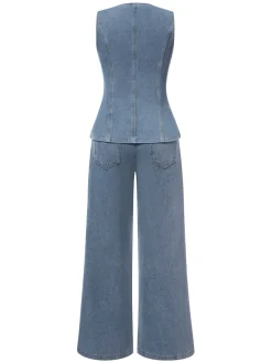 Outlet Retro Stage 2PCS 1940s Sleeveless Vest & Wide-Leg Denim Jeans Blue