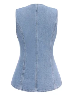 Outlet Retro Stage 2PCS 1940s Sleeveless Vest & Wide-Leg Denim Jeans Blue