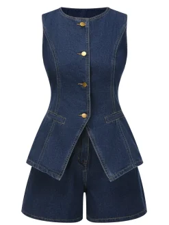 Sale Retro Stage 2PCS 1960s Solid Buttoned Denim Vest & Shorts Blue
