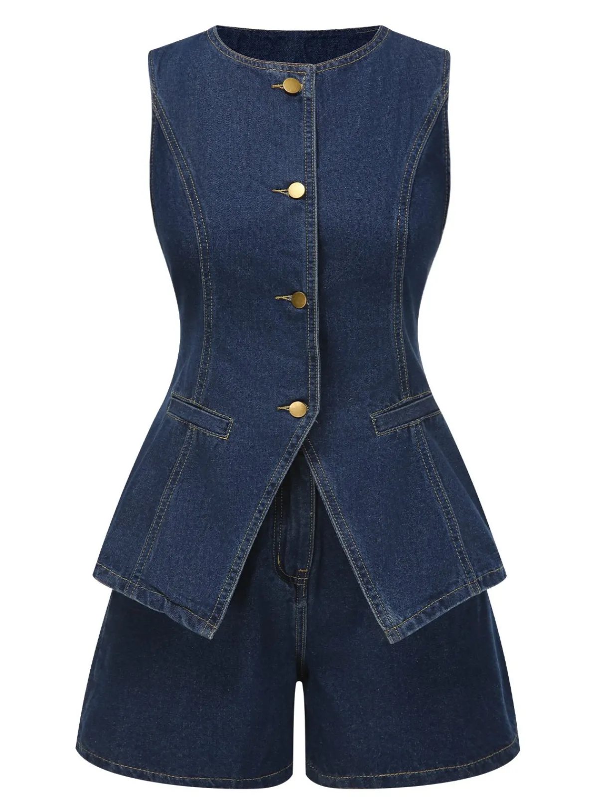 Sale Retro Stage 2PCS 1960s Solid Buttoned Denim Vest & Shorts Blue