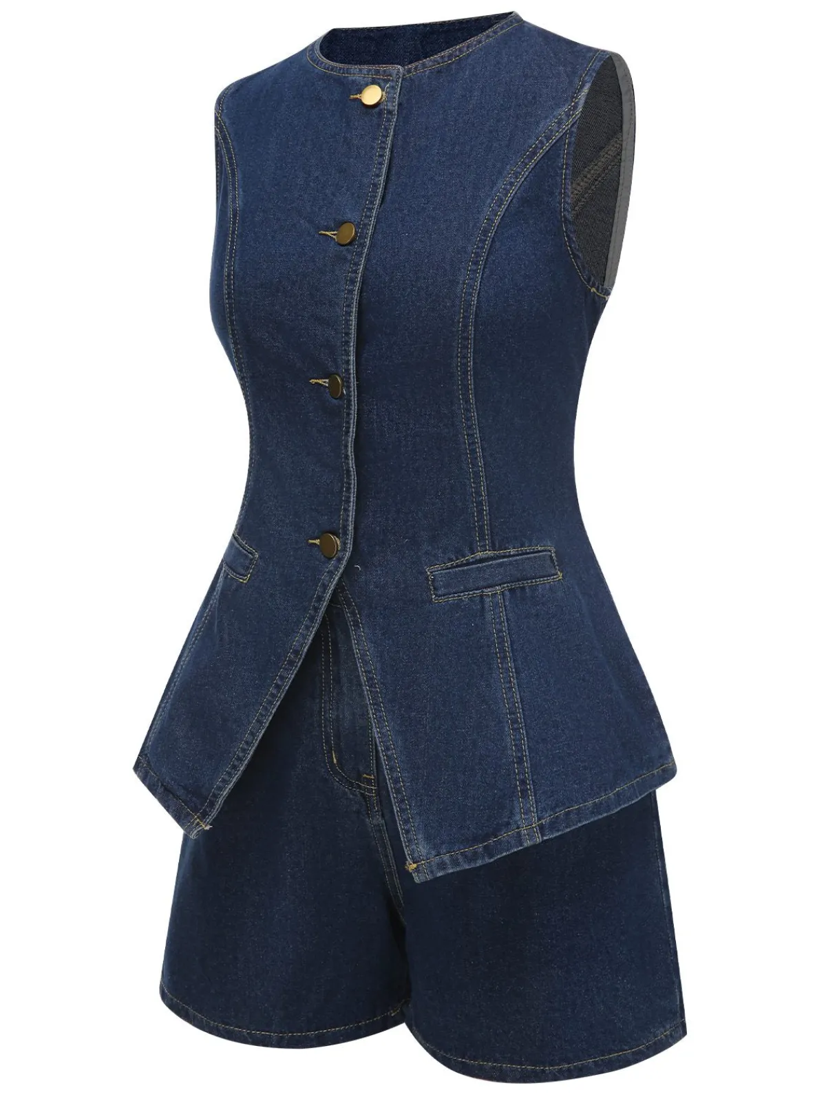 Sale Retro Stage 2PCS 1960s Solid Buttoned Denim Vest & Shorts Blue