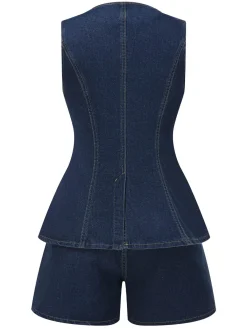 Sale Retro Stage 2PCS 1960s Solid Buttoned Denim Vest & Shorts Blue