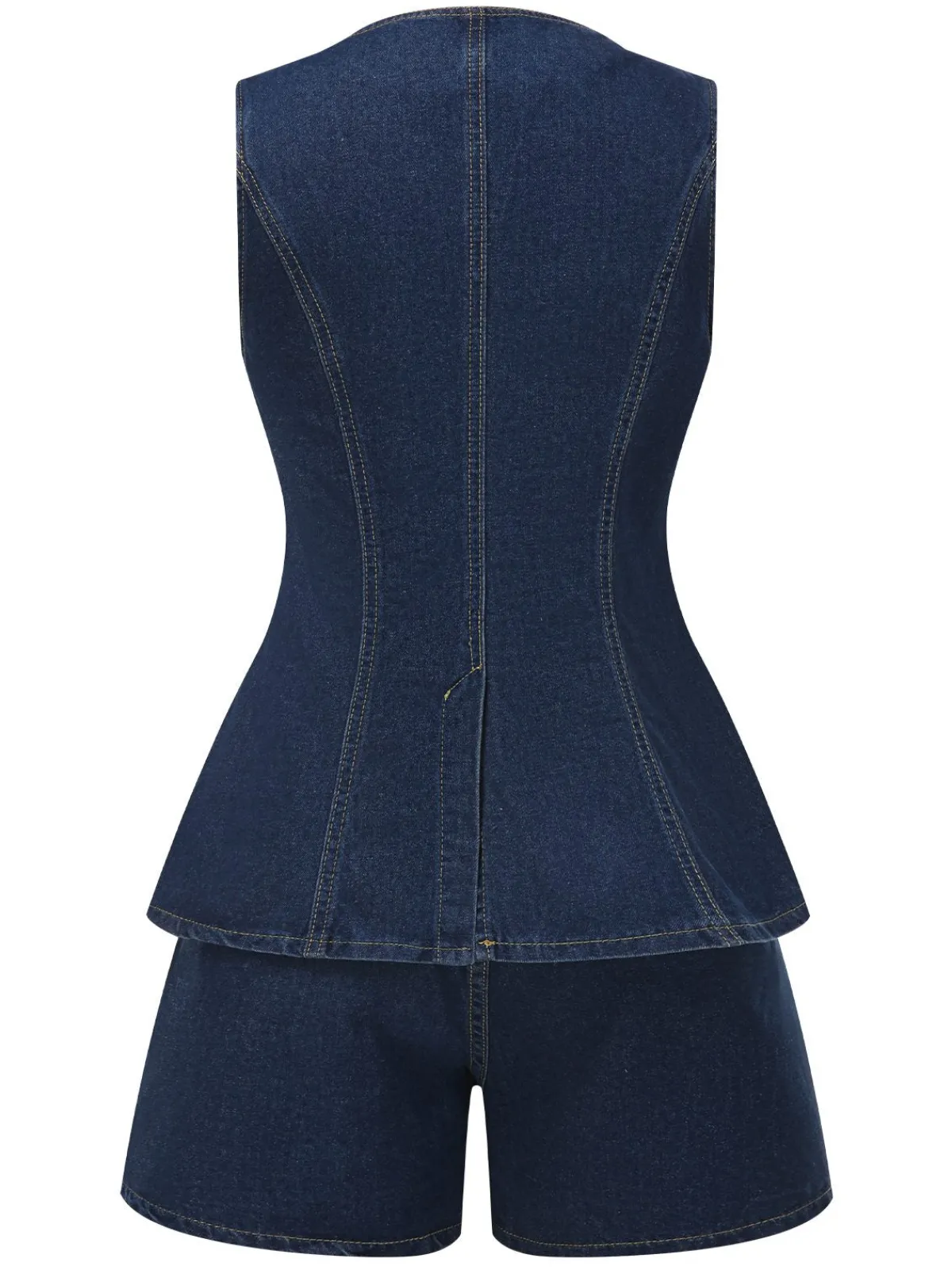 Sale Retro Stage 2PCS 1960s Solid Buttoned Denim Vest & Shorts Blue