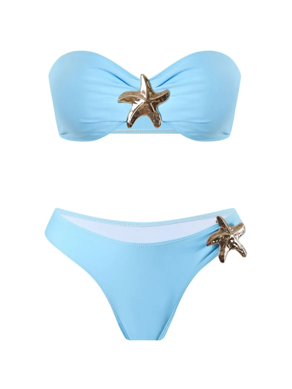 Online Retro Stage 2PCS 1950s Solid Starfish Bandeau Bikini Set & Cover Up Blue