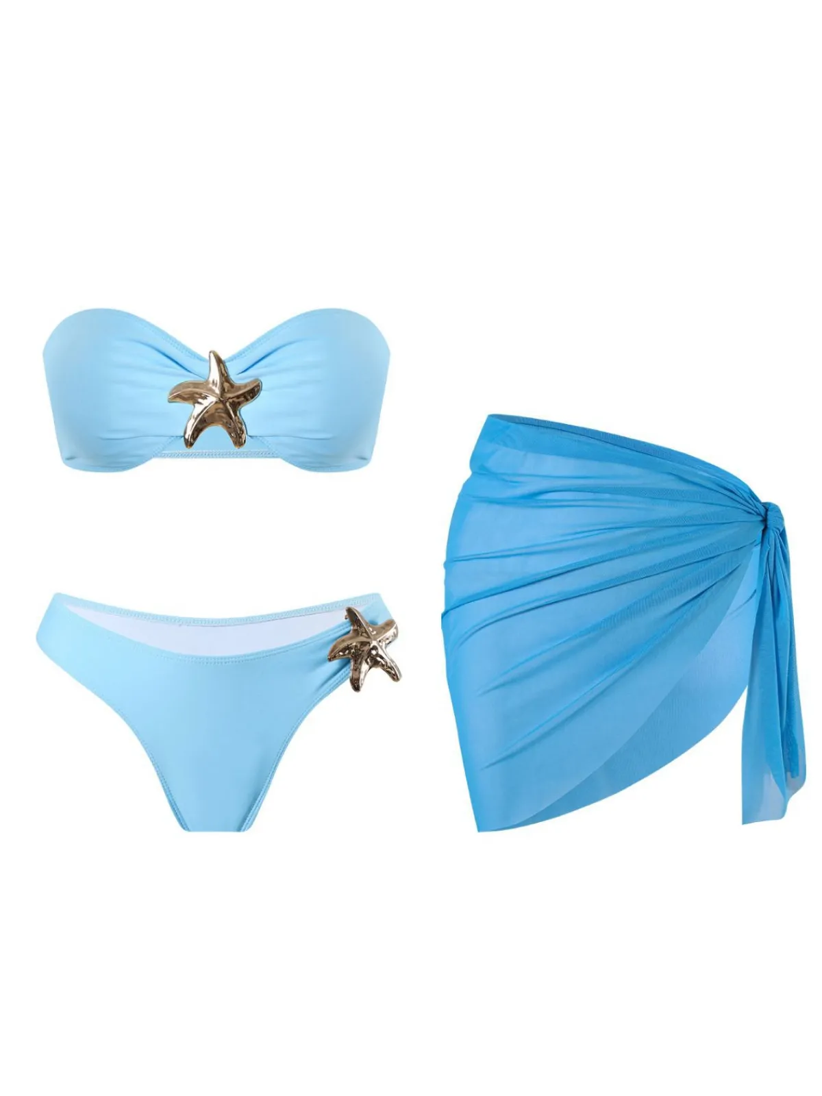 Online Retro Stage 2PCS 1950s Solid Starfish Bandeau Bikini Set & Cover Up Blue