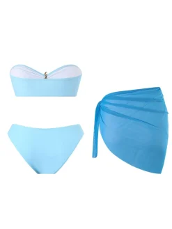 Online Retro Stage 2PCS 1950s Solid Starfish Bandeau Bikini Set & Cover Up Blue