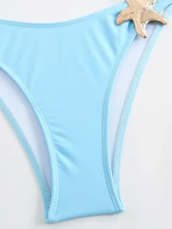 Online Retro Stage 2PCS 1950s Solid Starfish Bandeau Bikini Set & Cover Up Blue