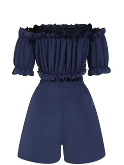 Hot Retro Stage 2PCS 1950s Strapless Smocked Top & Shorts Blue