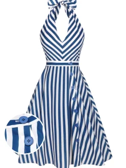 Hot Retro Stage 2PCS 1940s Stripe Halter Romper & Skirt Blue