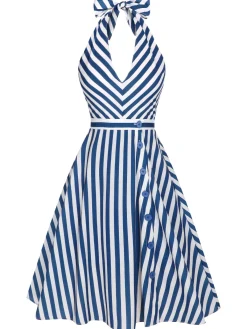 Hot Retro Stage 2PCS 1940s Stripe Halter Romper & Skirt Blue