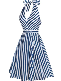 Hot Retro Stage 2PCS 1940s Stripe Halter Romper & Skirt Blue