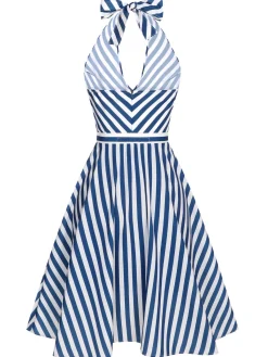 Hot Retro Stage 2PCS 1940s Stripe Halter Romper & Skirt Blue
