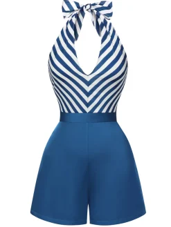 Hot Retro Stage 2PCS 1940s Stripe Halter Romper & Skirt Blue