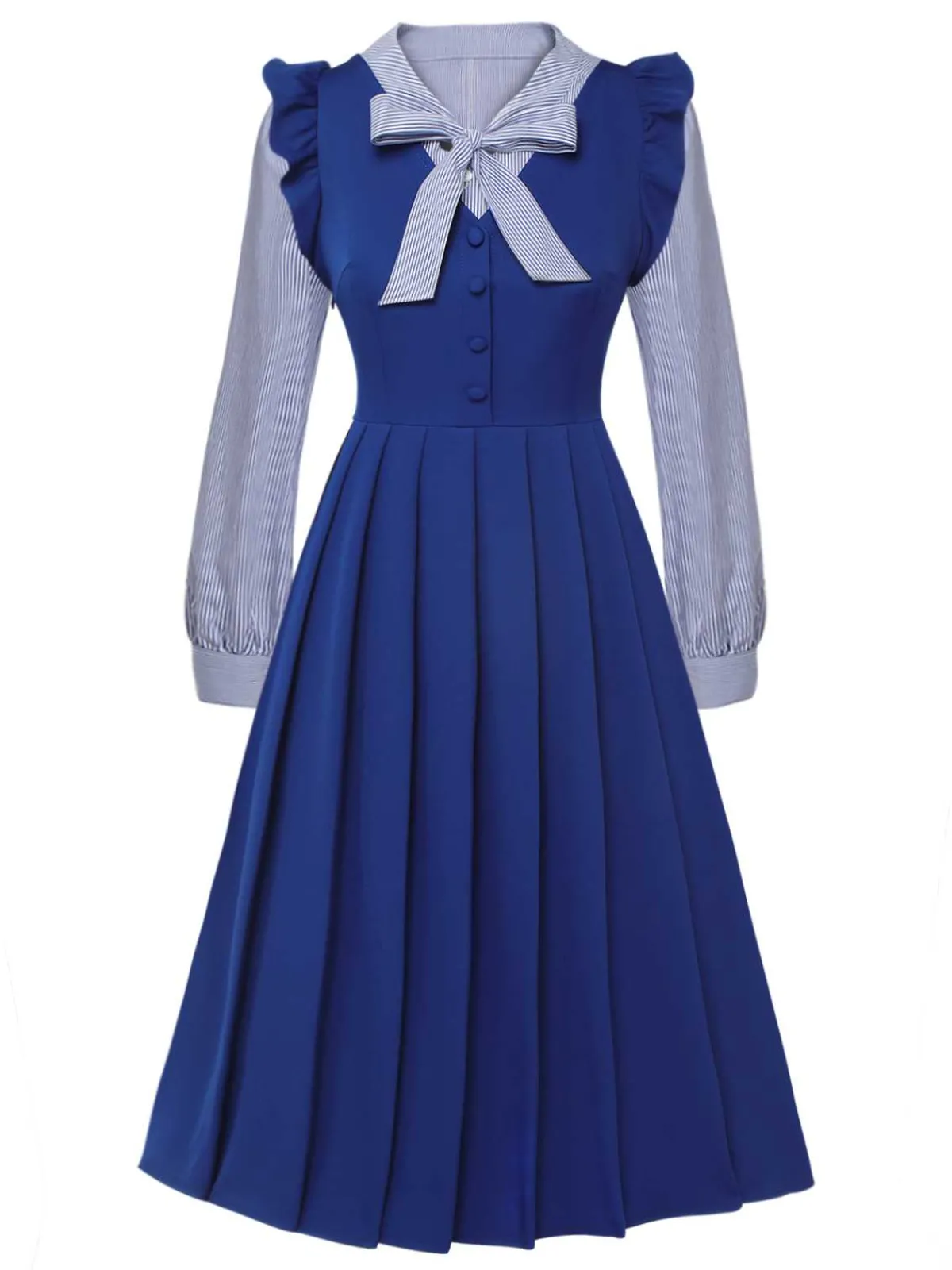 Sale Retro Stage 2Pcs 1950s Tie Neck Stripes Blouse & Ruffles Vest Dress Blue